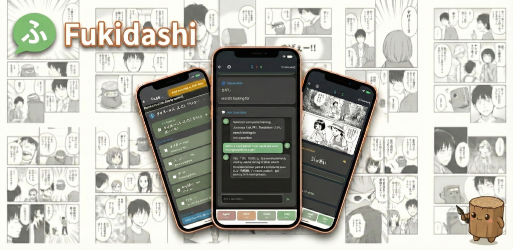 Fukidashi app showing manga translation, flashcards, and AI chat