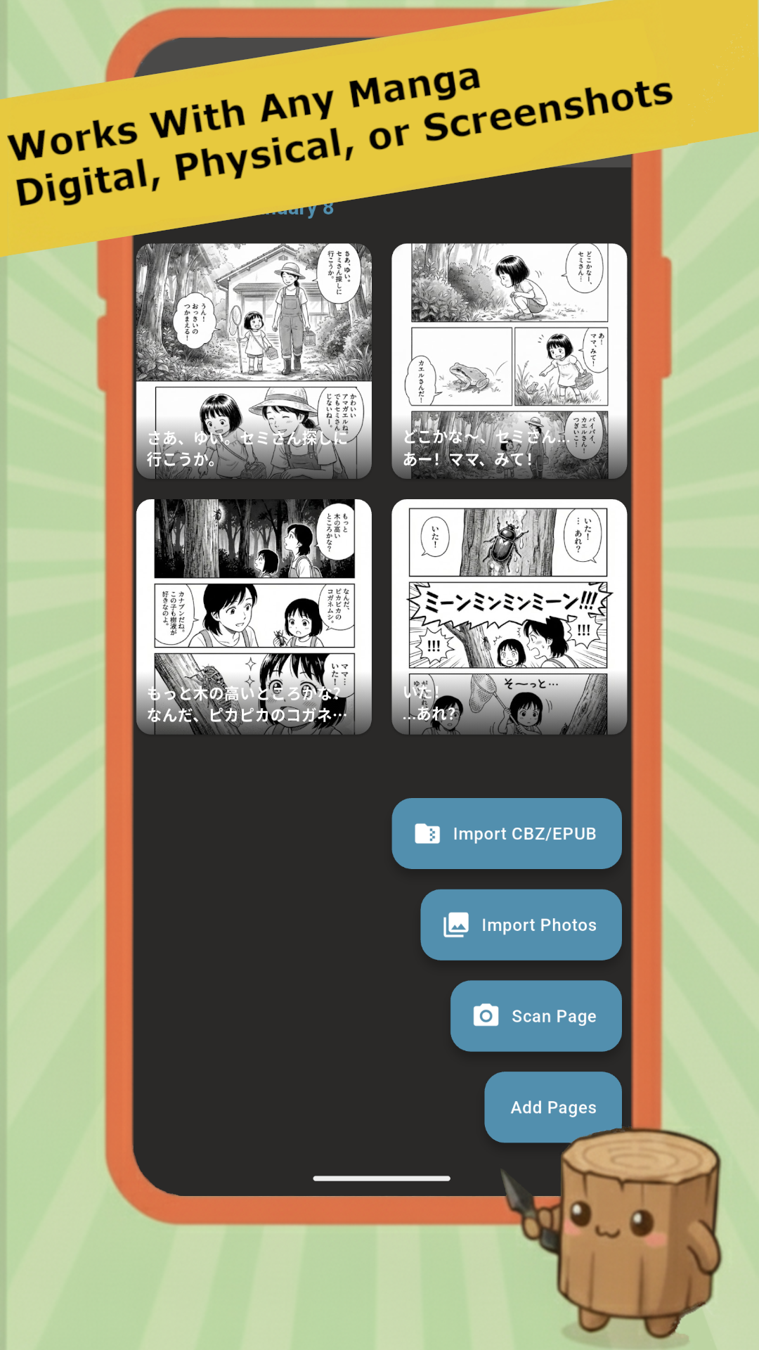 Import manga from camera, photos, or CBZ/EPUB files